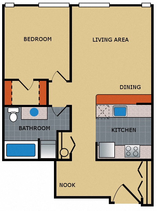 Floor plan for 1 bed, 1 bath, 694 sqft